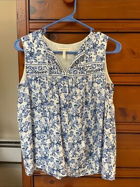 Rebecca Taylor White and Blue Floral Split-Neck Sleeveless Silk Top